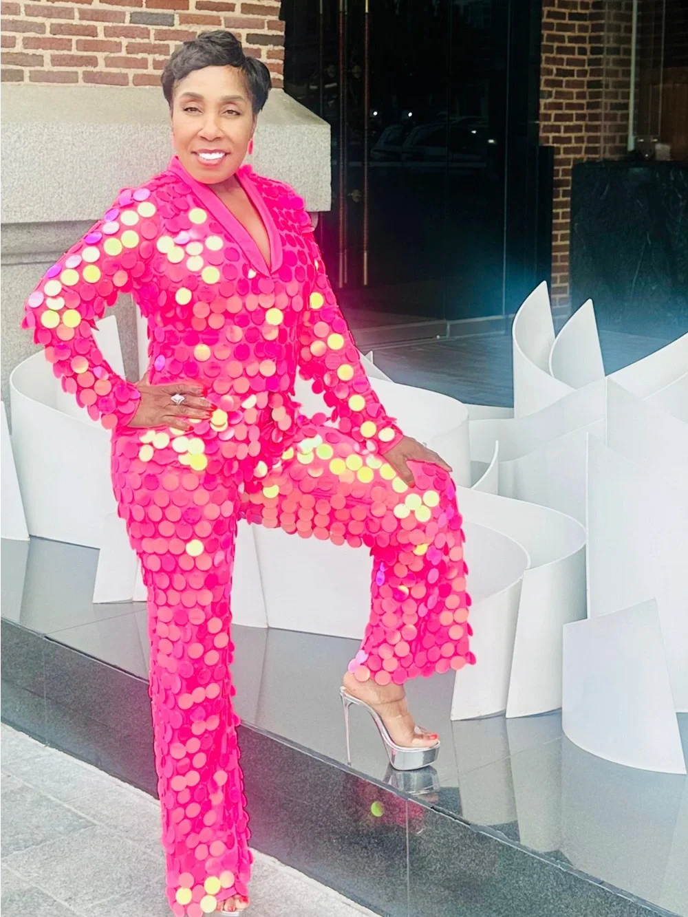 Mon Cheri Hot Pink Sequin Dot Jumpsuit - Picture 2 of 4